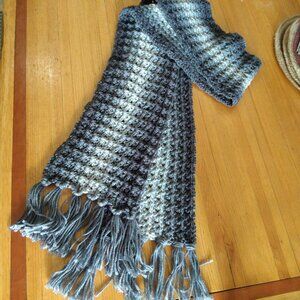 Handmade Hand Knit Crochet Long 72" Winter Scarf with Fringe Grays